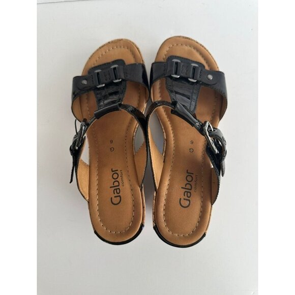 Gabor Womens‎ Black Patent Leather Slip On Sandals UK 6 US 8.5 Cork Wedge Comfy - Picture 7 of 12